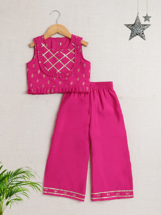 Bootie Printed Lace Embelished Top and Pant Set For Girls Fuchsia