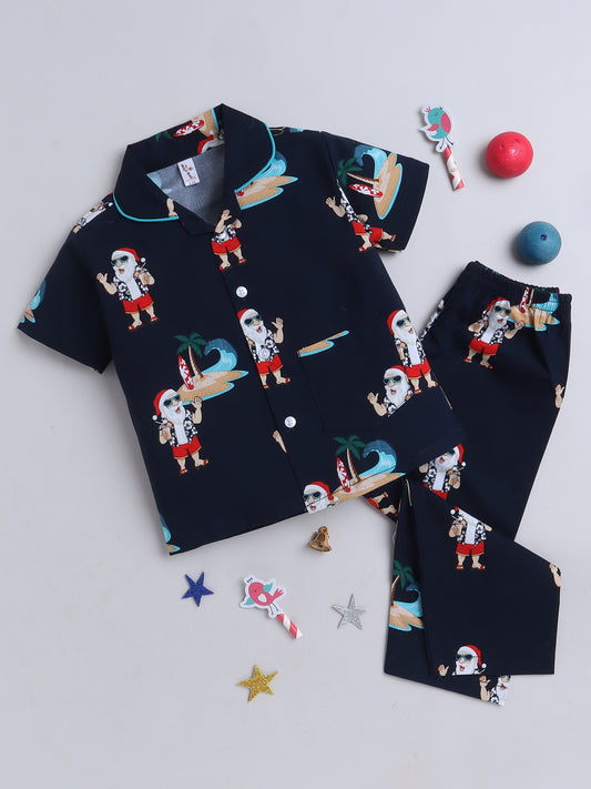 Half Sleeves Santa Print Nightsuits-Navy Blue
