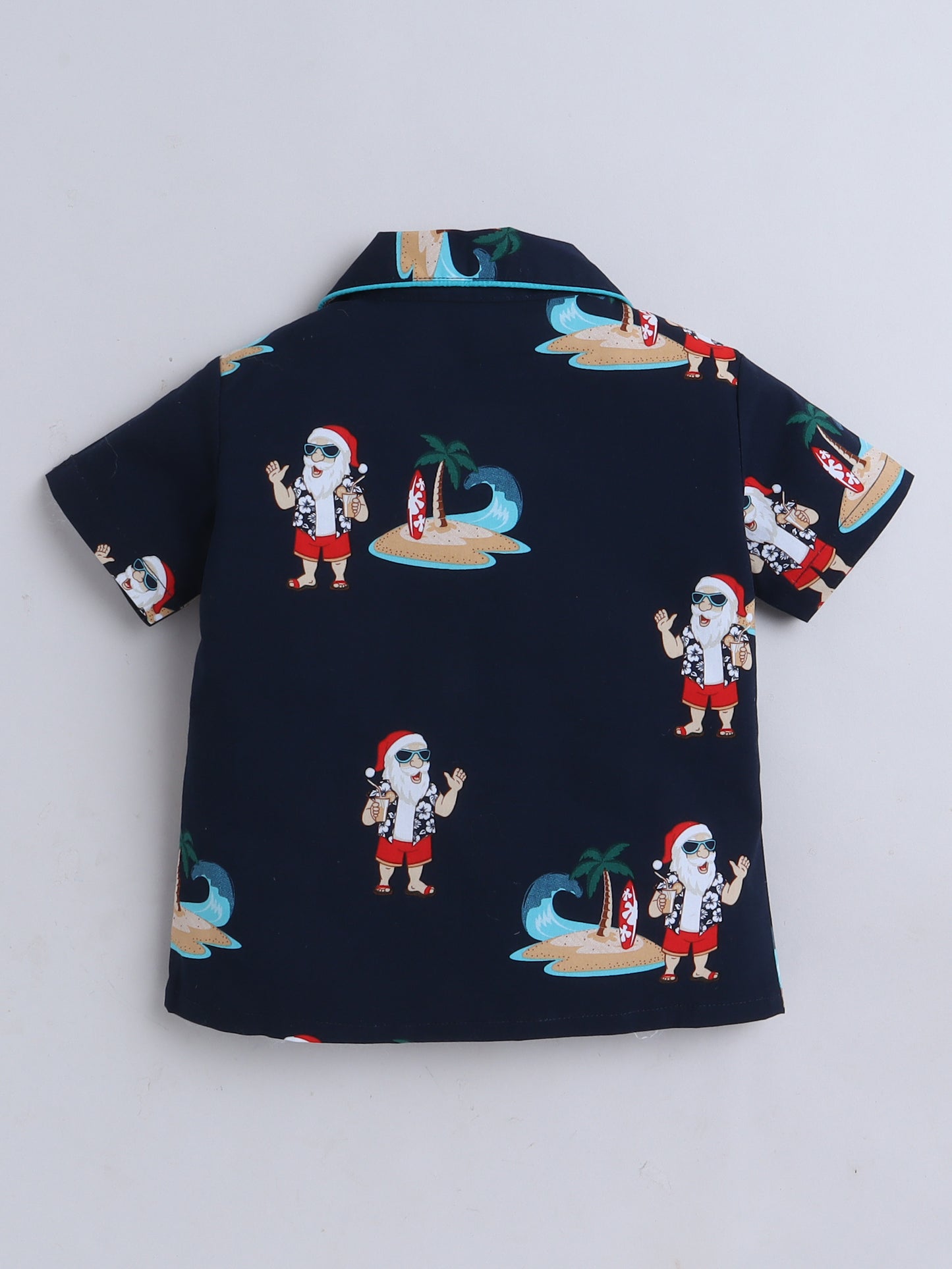 Half Sleeves Santa Print Nightsuits-Navy Blue