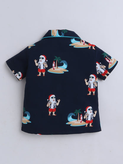 Half Sleeves Santa Print Nightsuits-Navy Blue