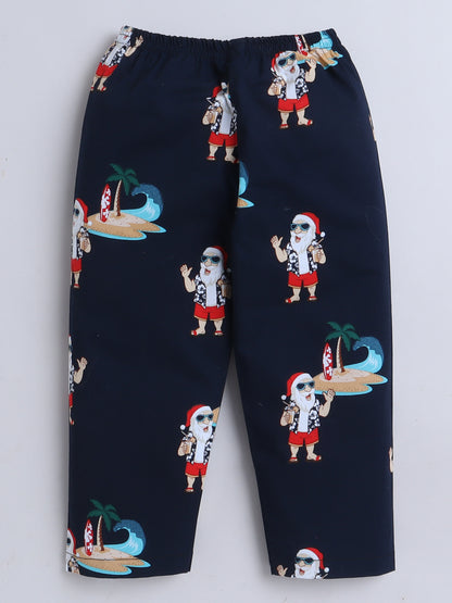 Half Sleeves Santa Print Nightsuits-Navy Blue