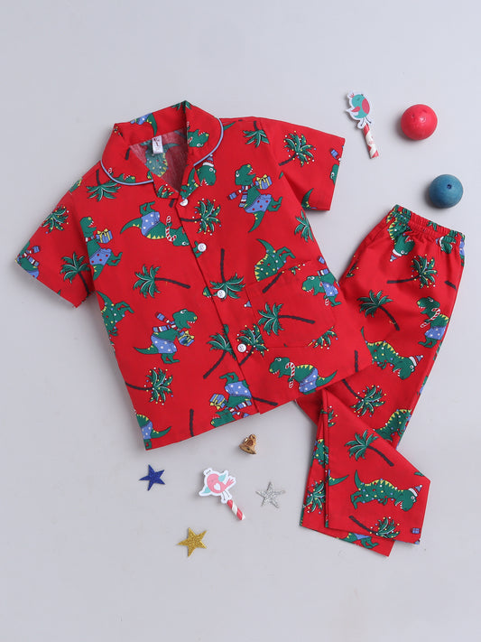 Half Sleeves Xmas Print Nightsuits Red