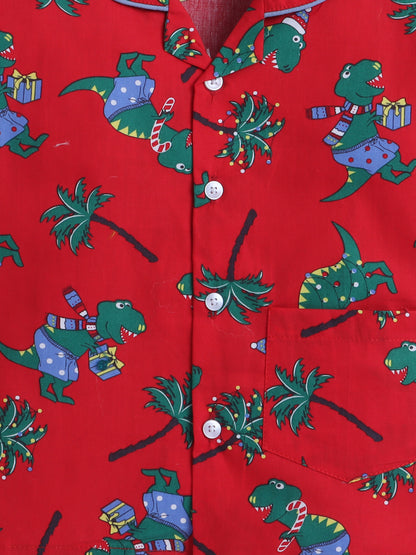 Half Sleeves Xmas Print Nightsuits Red