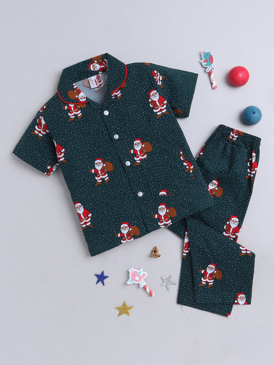 Half Sleeves Santa Print Nightsuits-Green