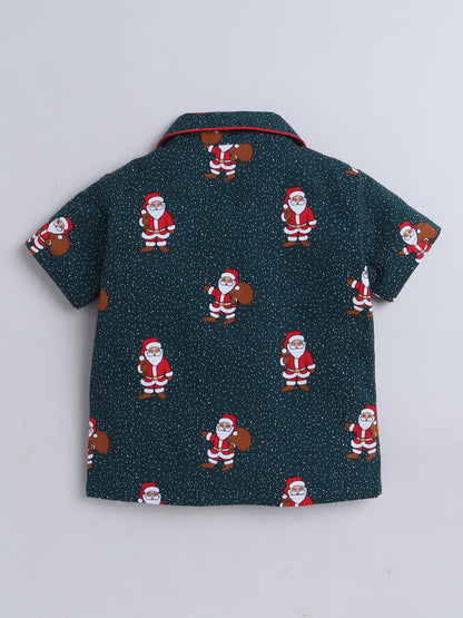 Half Sleeves Santa Print Nightsuits-Green