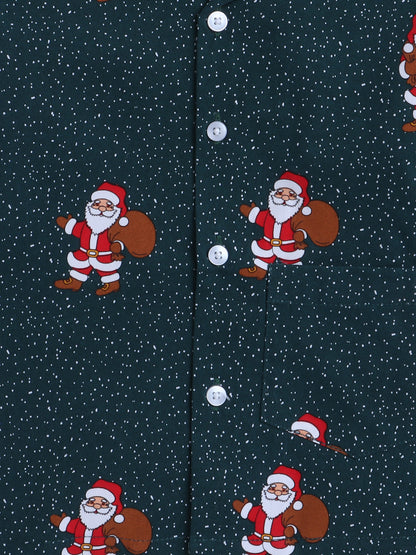 Half Sleeves Santa Print Nightsuits-Green