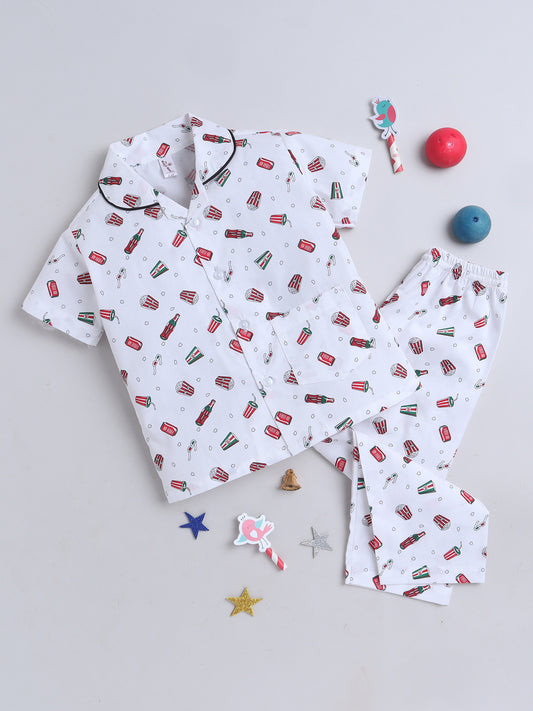 Half Sleeves Candy Print Nightsuits-White