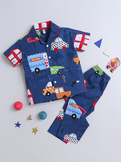 Half Sleeves Car Print Nightsuits-Blue