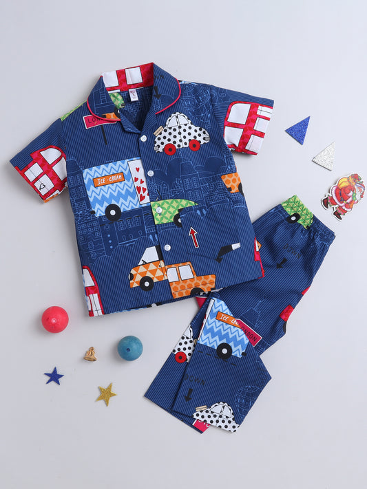 Half Sleeves Car Print Nightsuits-Blue