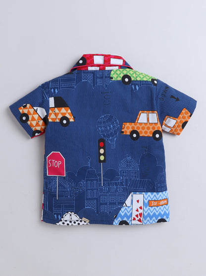 Half Sleeves Car Print Nightsuits-Blue