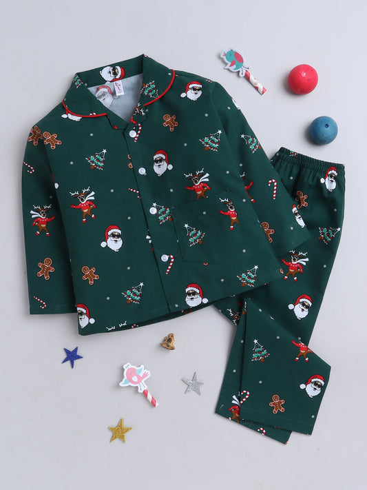 Full Sleeves Santa Print Nightsuits-Green