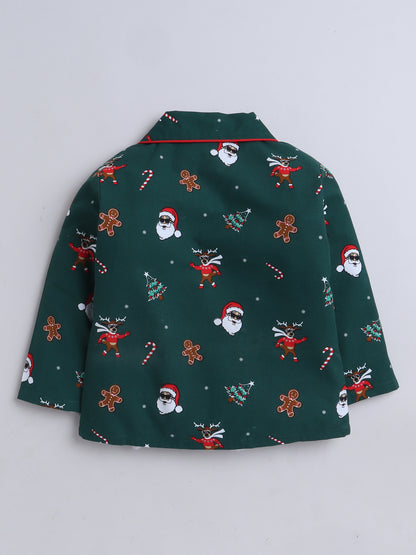 Full Sleeves Santa Print Nightsuits-Green