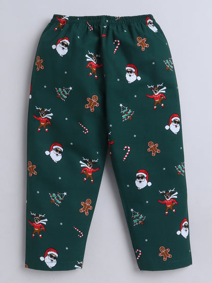 Full Sleeves Santa Print Nightsuits-Green