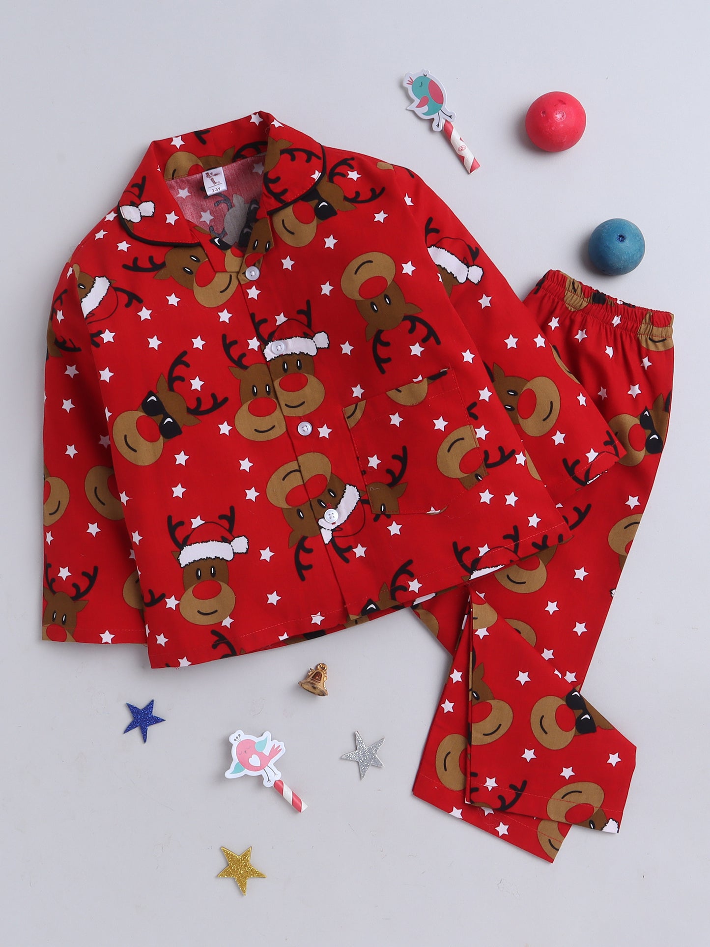 Full Sleeves Reindeer Print Nightsuits-Red