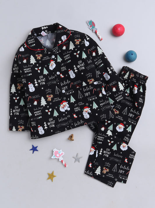 Full Sleeves Xmas Print Nightsuits Black