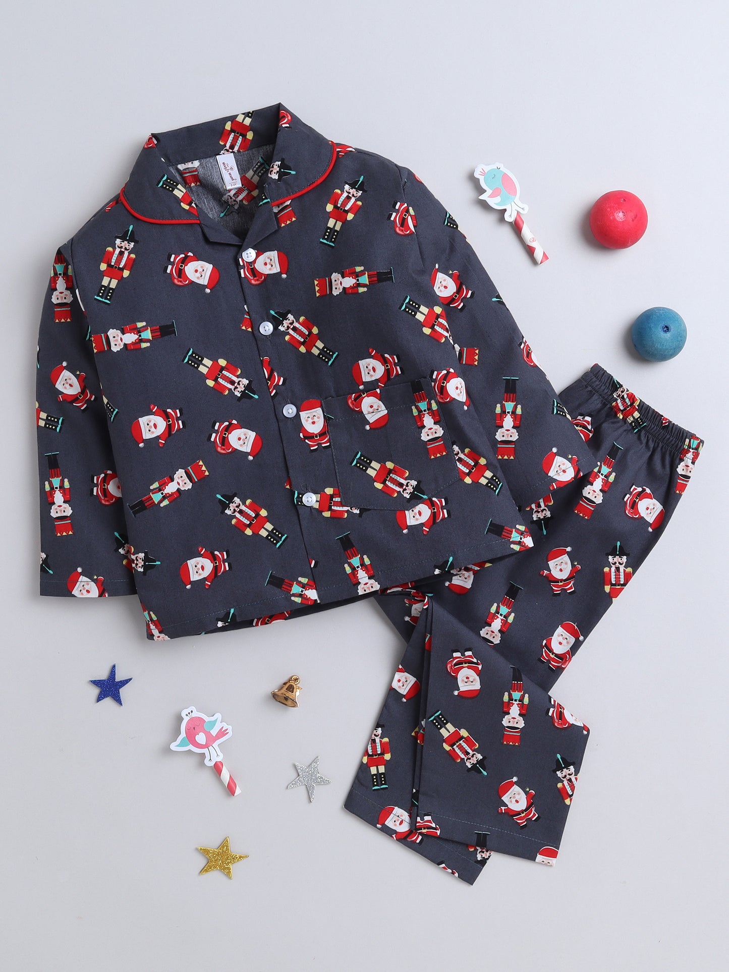 Full Sleeves Santa Print Nightsuits-Grey