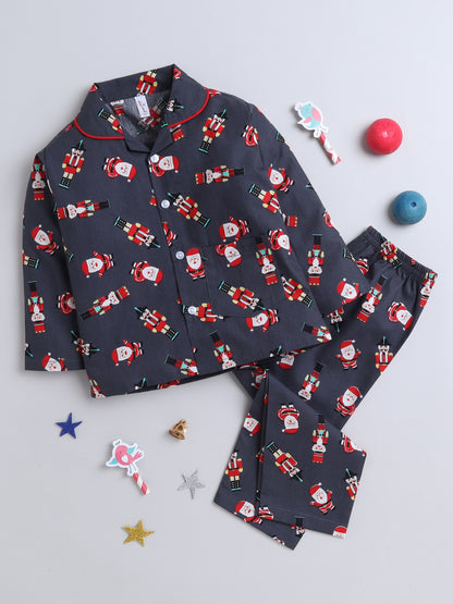 Full Sleeves Santa Print Nightsuits-Grey