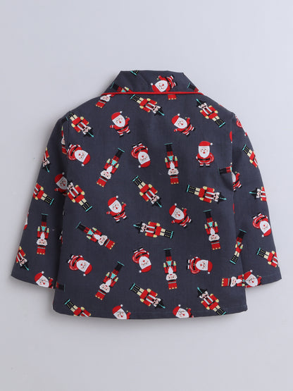Full Sleeves Santa Print Nightsuits-Grey