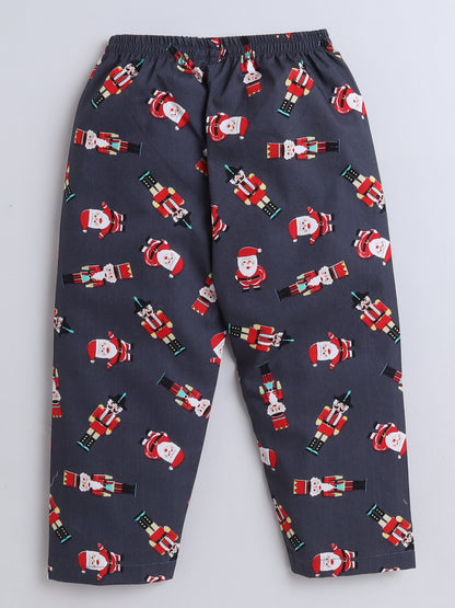 Full Sleeves Santa Print Nightsuits-Grey