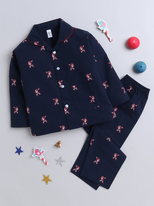 Full Sleeves Santa Print Nightsuits-Navy Blue