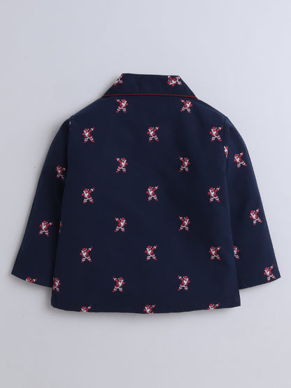 Full Sleeves Santa Print Nightsuits-Navy Blue