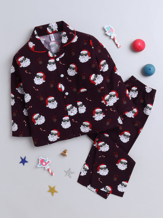 Full Sleeves Santa Print Nightsuits-Magenta