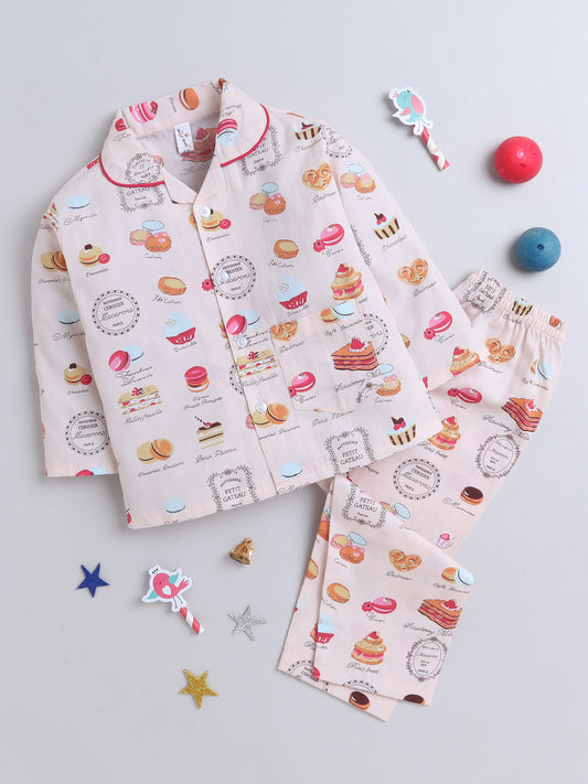 Full Sleeves Food Print Nightsuits-Peach