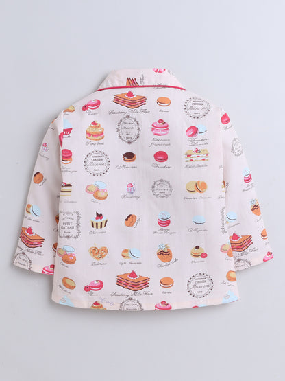 Full Sleeves Food Print Nightsuits-Peach