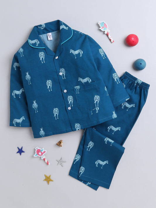 Full Sleeves Horse Print Nightsuits-Teal Blue