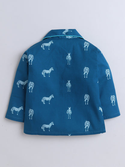 Full Sleeves Horse Print Nightsuits-Teal Blue