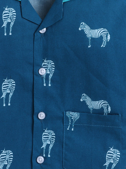 Full Sleeves Horse Print Nightsuits-Teal Blue