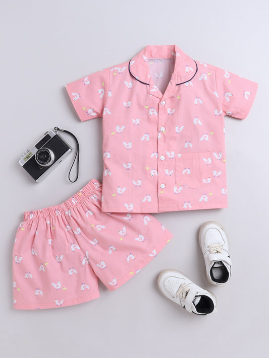 The Magic Wand Chick Printed Half Sleeves Top and Shorts Set Night Suit Set For Kids Pink
