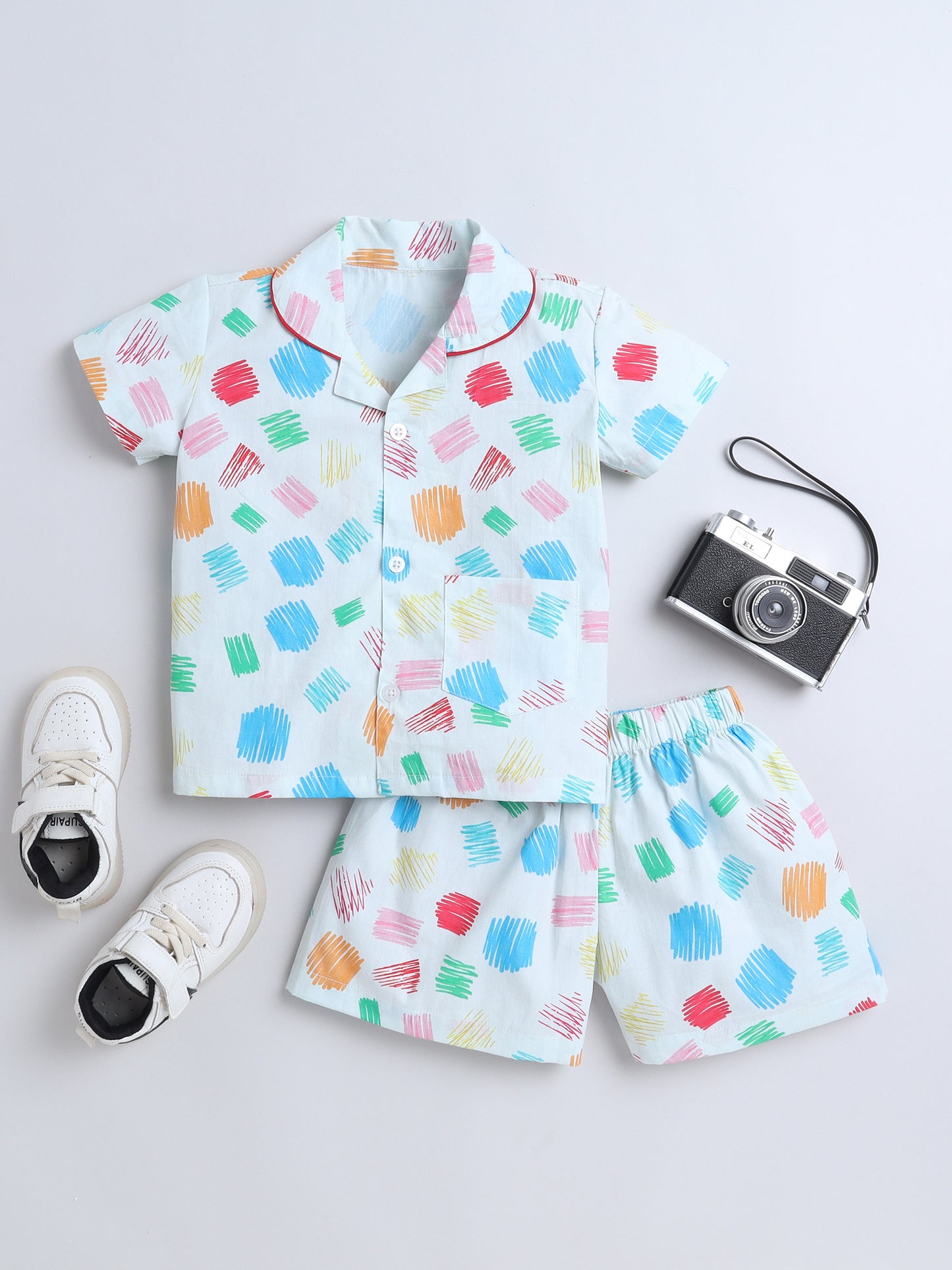 All Over Printed Half Sleeves Top and Shorts Set Night Suit Set For Kids White