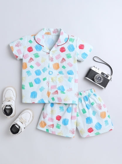 All Over Printed Half Sleeves Top and Shorts Set Night Suit Set For Kids White