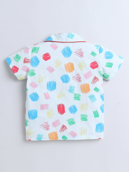 All Over Printed Half Sleeves Top and Shorts Set Night Suit Set For Kids White