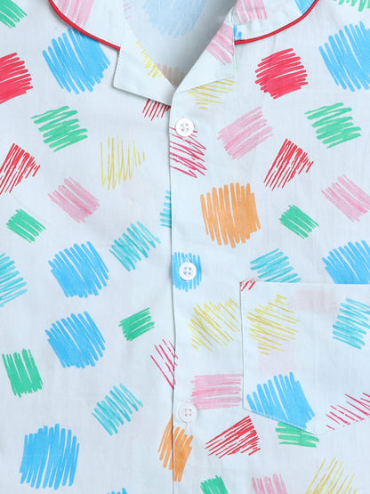 All Over Printed Half Sleeves Top and Shorts Set Night Suit Set For Kids White