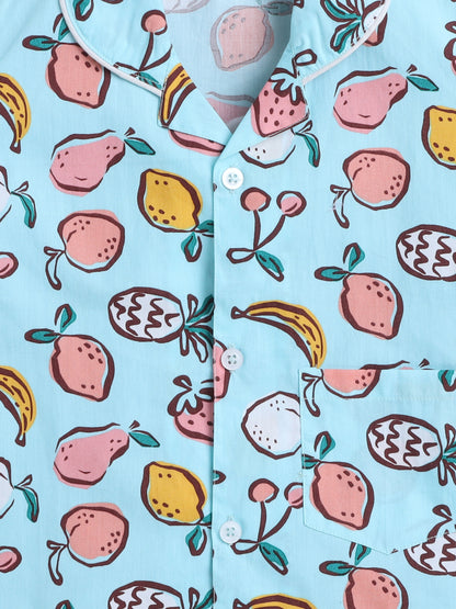 Fruits Printed Half Sleeves Top and Shorts Set Night Suit Set For Kids Blue