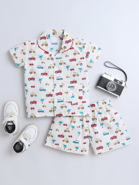 Vehicle Printed Half Sleeves Top and Shorts Set Night Suit Set For Kids-Yellow