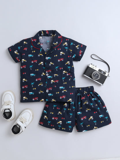Vehicle Printed Half Sleeves Top and Shorts Set Night Suit Set For Kids Navy
