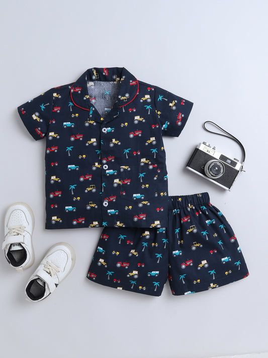 Vehicle Printed Half Sleeves Top and Shorts Set Night Suit Set For Kids Navy
