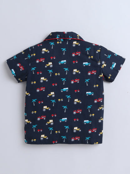 Vehicle Printed Half Sleeves Top and Shorts Set Night Suit Set For Kids Navy