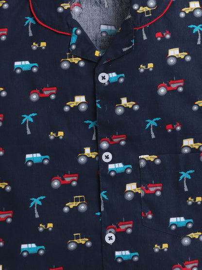 Vehicle Printed Half Sleeves Top and Shorts Set Night Suit Set For Kids Navy