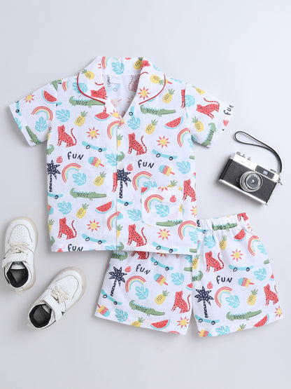 Animal Printed Half Sleeves Top and Shorts Set Night Suit Set For Kids White
