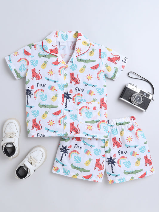 Animal Printed Half Sleeves Top and Shorts Set Night Suit Set For Kids White