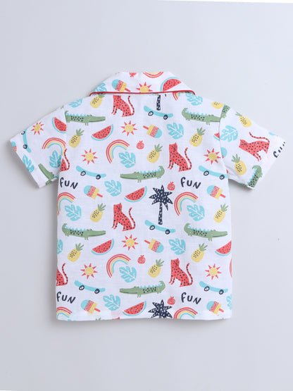 Animal Printed Half Sleeves Top and Shorts Set Night Suit Set For Kids White