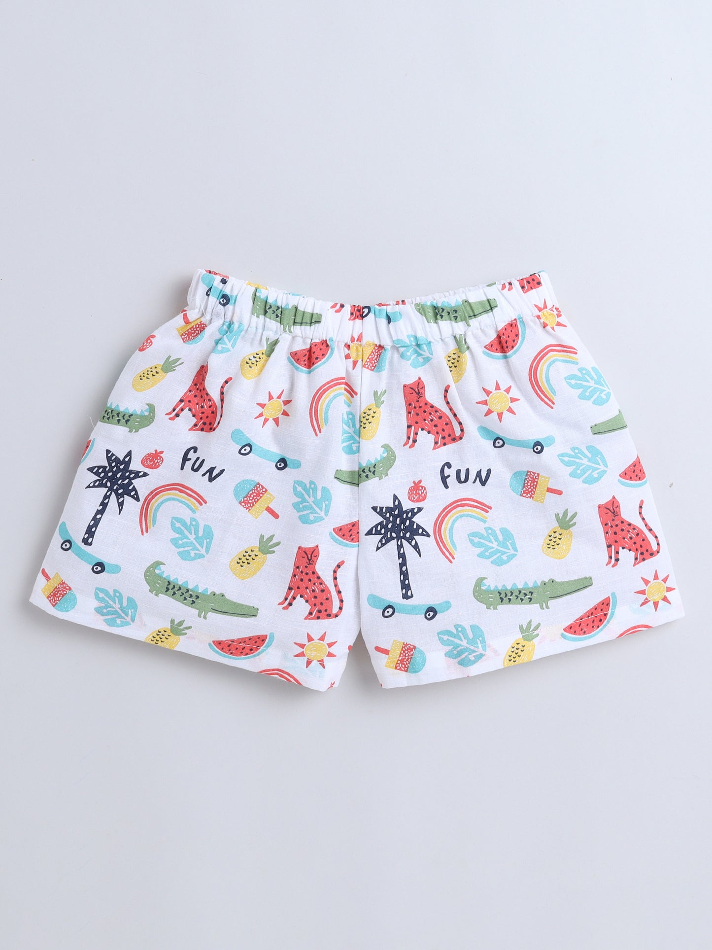 Animal Printed Half Sleeves Top and Shorts Set Night Suit Set For Kids White