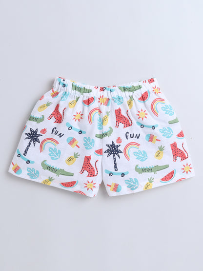 Animal Printed Half Sleeves Top and Shorts Set Night Suit Set For Kids White