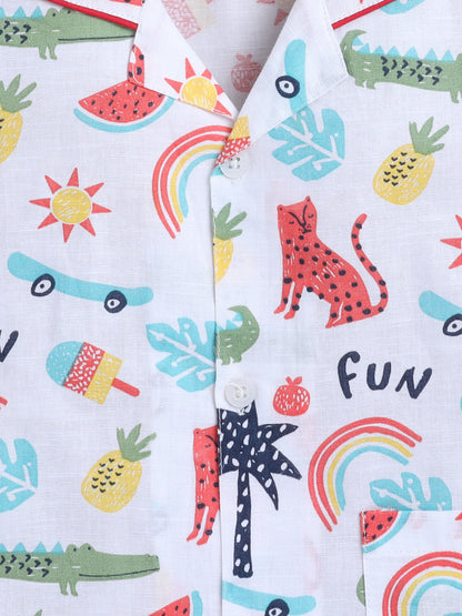 Animal Printed Half Sleeves Top and Shorts Set Night Suit Set For Kids White
