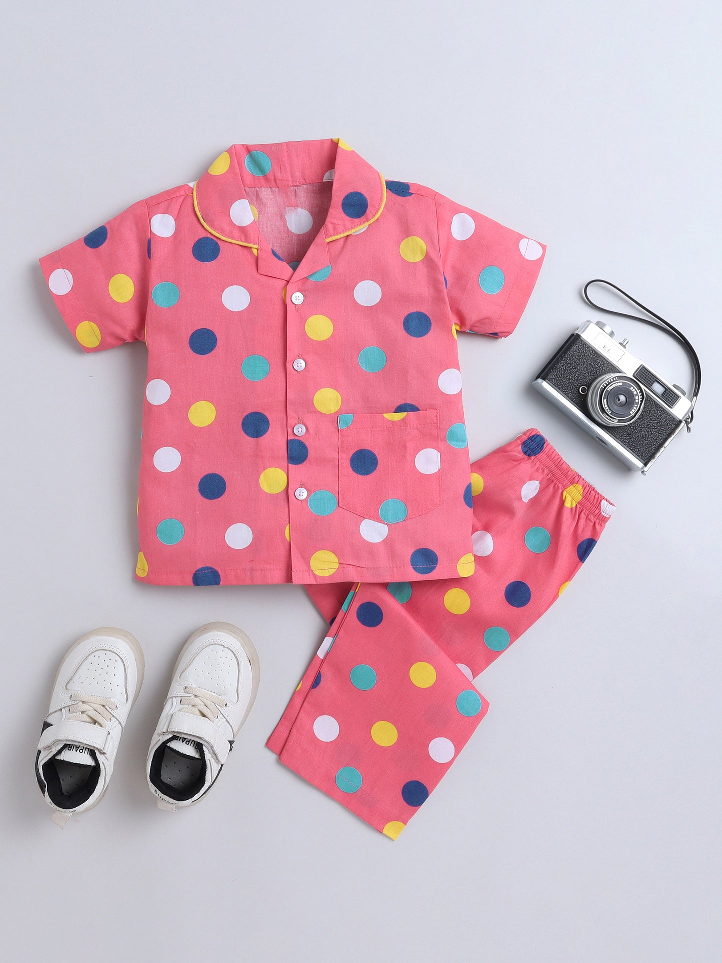 Half Sleeves Polka Dot Printed Night Suit Set Pink
