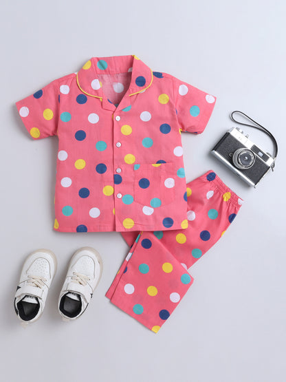 Half Sleeves Polka Dot Printed Night Suit Set Pink